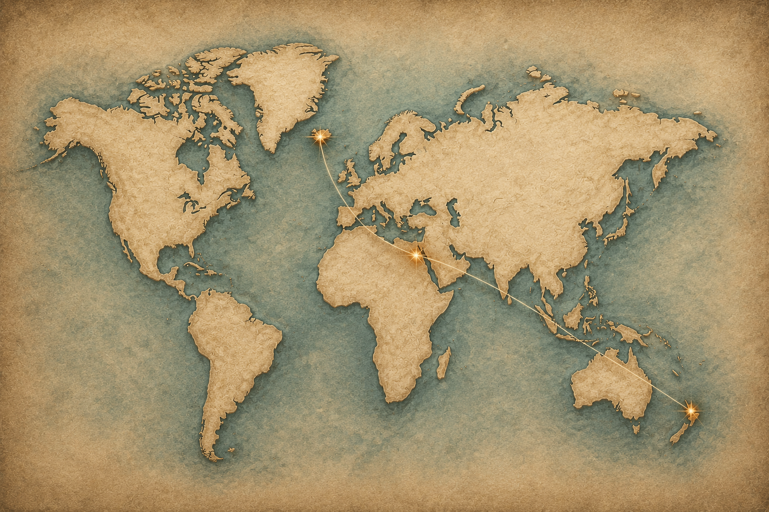 World map showing the three eclipse gatherings: Iceland, Egypt, and New Zealand, connected as a constellation.