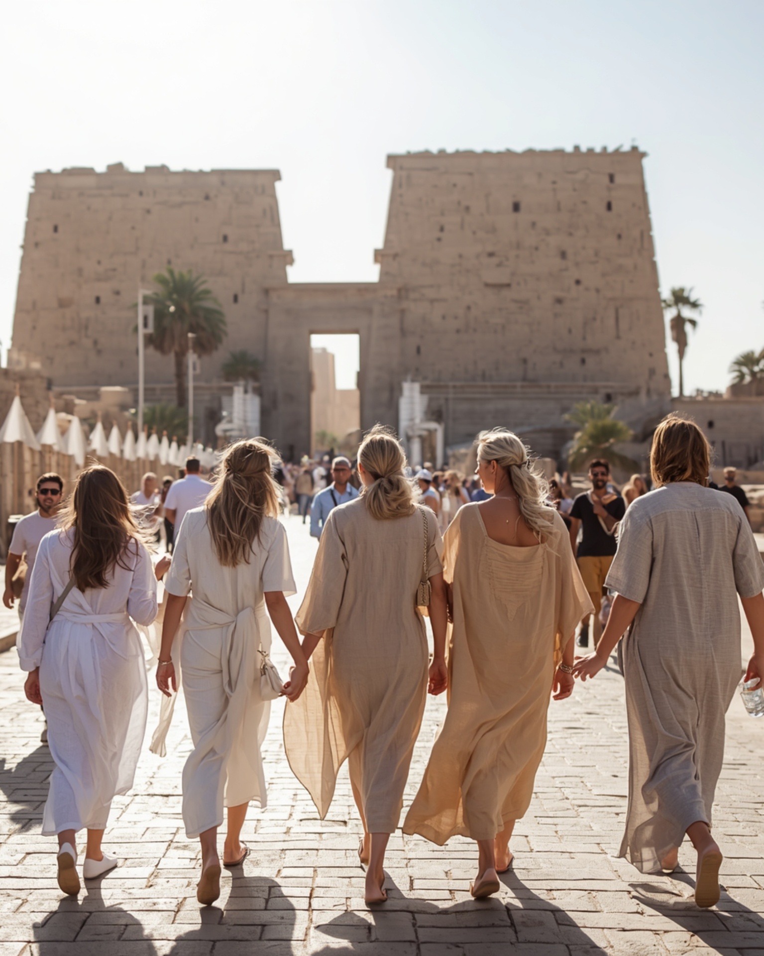 A group walking together toward the towering pylons of an Egyptian temple in golden light.