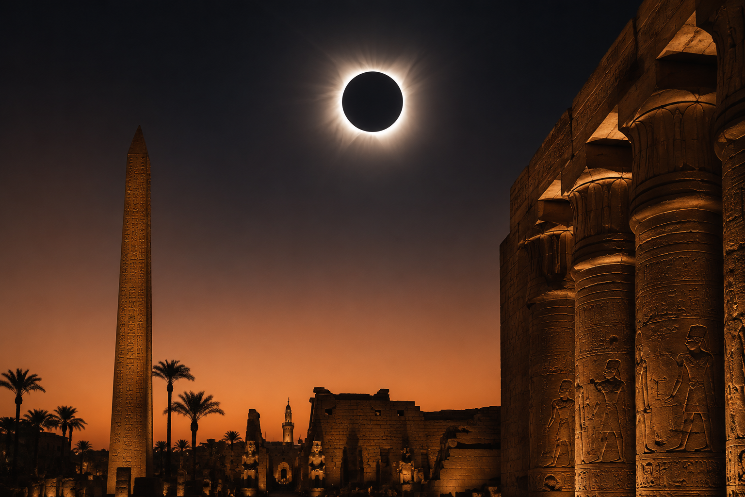 Total solar eclipse over the Nile at dusk with Luxor temple columns