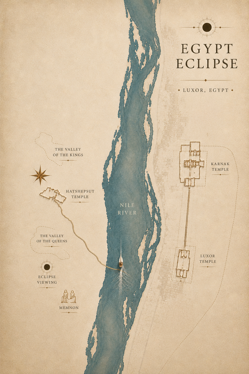 Illustrated map of the Nile at Luxor showing Karnak Temple, Luxor Temple, Valley of the Kings, Hatshepsut Temple, and Marsam Hotel