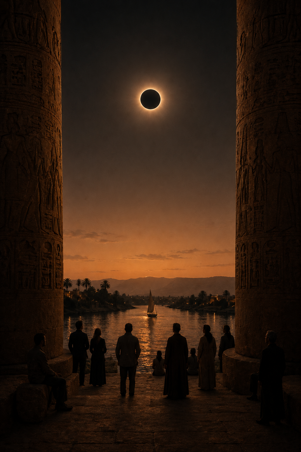 Silhouetted figures gathered between temple columns watching a total solar eclipse above the Nile at dusk.